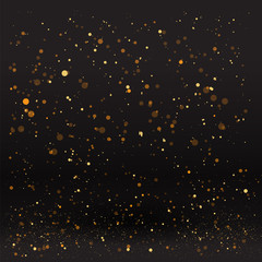 Fototapeta na wymiar Luxury golden sparkle background, glitter magic glowing. Black and gold vector luminous dust with bokeh