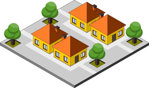 Bairro residencial com casas amarelas e &aacute;rvores em isometria 3D
