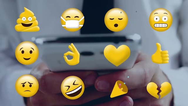Man using a mobile phone and different emoji