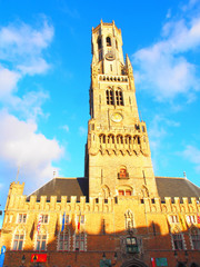 Belfry of Bruges, a medieval bell tower at the Market Square in the center of Bruges, Belgium