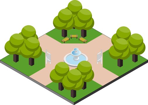 Pra&ccedil;a com &aacute;rvores, bancos e fonte em isometria 3D