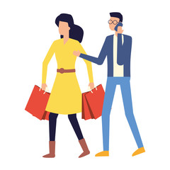 man using smartphone and woman with shopping bag
