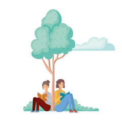 couple sitting with book in landscape with trees and plants