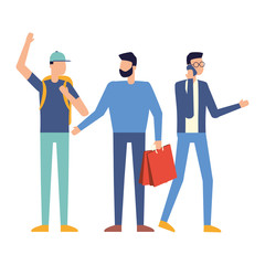 group men smartphone backpack and shopping bag