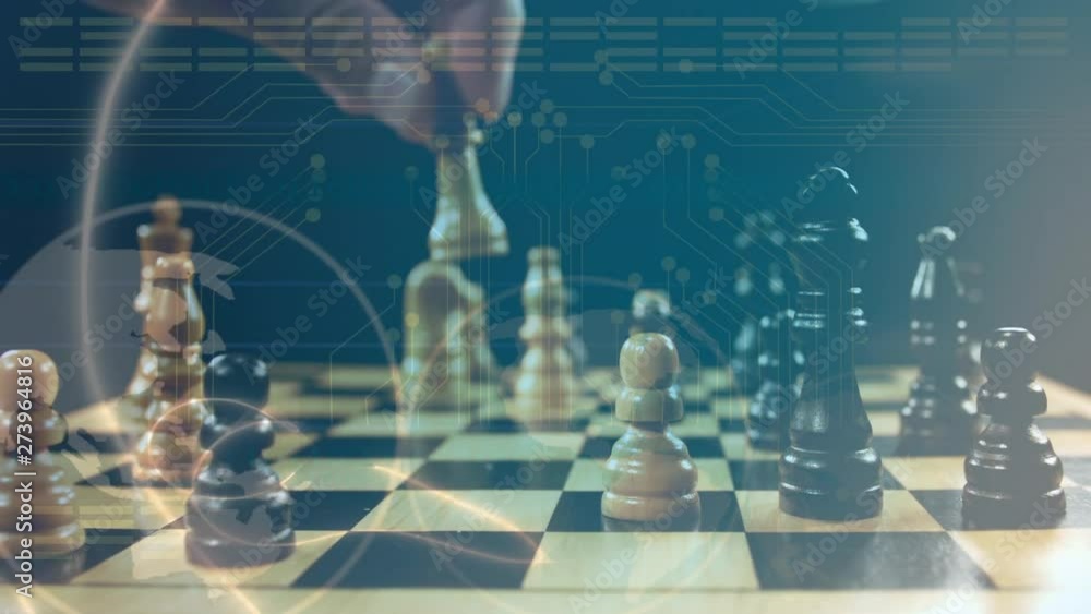 Poster man playing chess with a globe and digital circuit