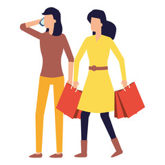 woman using smartphone and woman with shopping bags