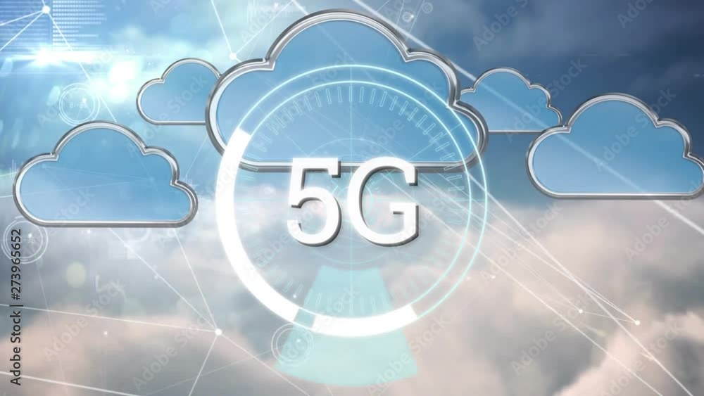 Aufkleber sky with clouds and asymmetrical lines and futuristic circle with 5g