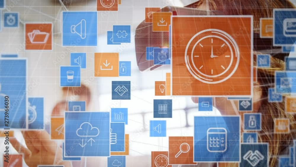 Poster man and woman using virtual goggles and application icons