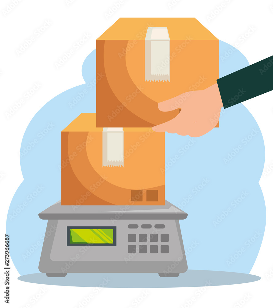 Poster man hand with boxes packages in the weighing machine