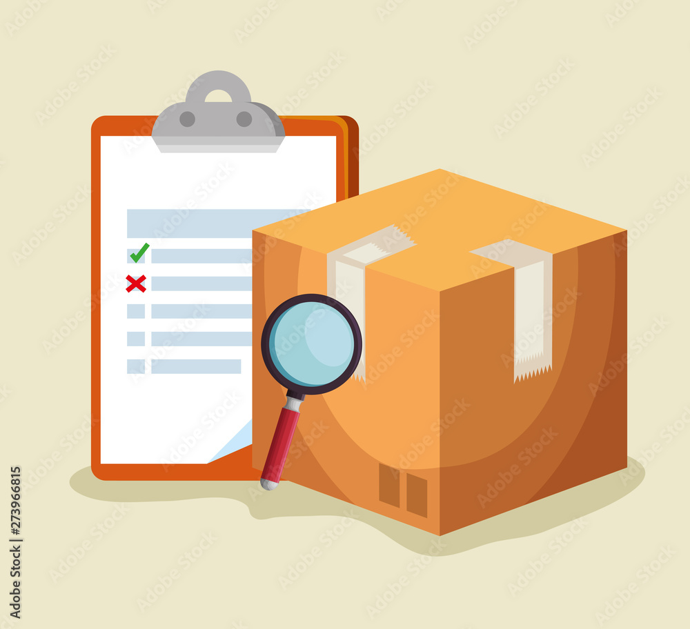 Poster check list with box package and magnifying glass