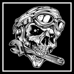 vintage grunge-stijl schedel de schedel bijt in de moersleutel