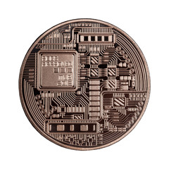 Bitcoin or Physical Digital currency or Cryptocurrency copper coin for use digital money or wallet in future as business, Isolated on white  background, high resolution