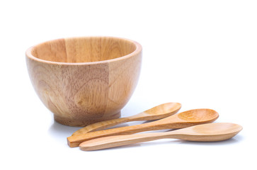 wood bowl with spoon wood isolated on white background