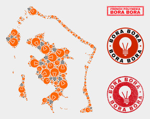 Energy bulb mosaic Bora-Bora map and grunge rounded seals. Mosaic vector Bora-Bora map is composed with electric bulb items. Abstraction for power supply services. Orange and red colors used. - obrazy, fototapety, plakaty