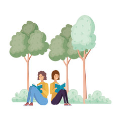 couple sitting with book in landscape with trees and plants