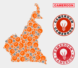 Light bulb mosaic Cameroon map and grunge rounded stamps. Mosaic vector Cameroon map is created with light bulb icons. Concept for power supply business. Orange and red colors used.