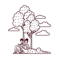 couple sitting with book in landscape with trees and plants