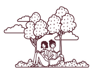 couple sitting with book in landscape with trees and plants