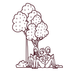 women sitting with book in landscape with trees and plants