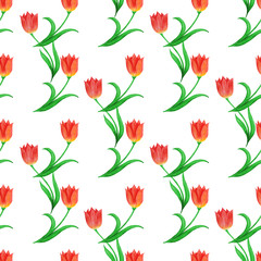 Simple seamless pattern of tulips isolated on a white background. Plant binding.