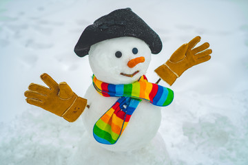 Merry Christmas and happy new year greeting card with copy-space. Snowman is standing in winter hat...