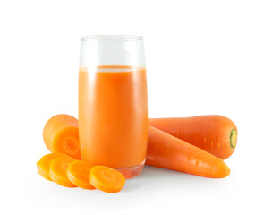 Closeup glass of fresh carrot juice isolated on white background, healthy diet food drink