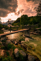 Fototapeta premium Wonderful Bavarian Alps landscape with Parish Church of St Sebastian - Ramsau, Berchtesgaden National Park - Germany