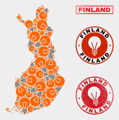 Electric lamp mosaic Finland map and grunge rounded stamp seals. Mosaic vector Finland map is created with illumination lamp elements. Abstraction for electric business. Orange and red colors used.