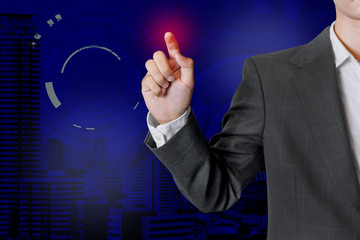 Digital composite of Midsection of businessman hand pushing screen on light background. Selective focus on the finger.