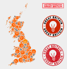 Electrical bulb mosaic Great Britain map and grunge rounded seals. Mosaic vector Great Britain map is designed with electric bulb symbols. Templates for electric services. Orange and red colors used.