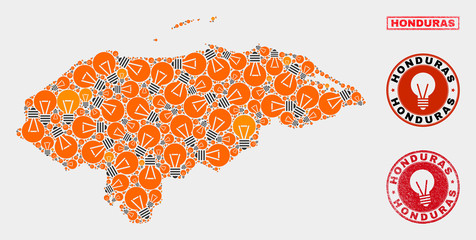 Light lamp mosaic Honduras map and rubber rounded stamp seals. Mosaic vector Honduras map is designed with power lamp symbols. Concept for power supply business. Orange and red colors used.