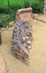 Fototapeta na wymiar Replica dinosaur fossil on the sand ground