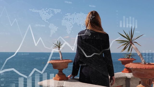 Business financial data on the sky with alone standing businesswomen.