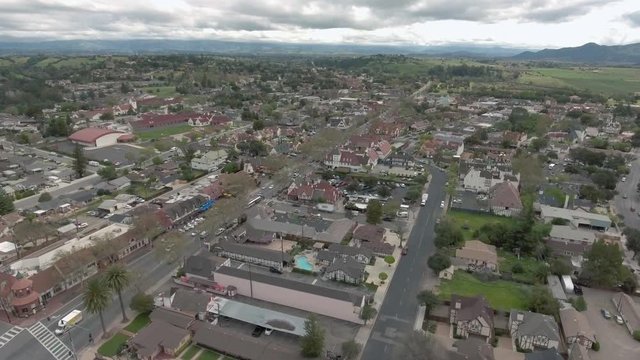 Aerial shot of the city of Solvang California