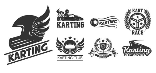 Karting extreme driving sport isolated icons helmet with wings - obrazy, fototapety, plakaty