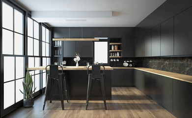 Modern kitchen interior with furniture.3d rendering - obrazy, fototapety, plakaty