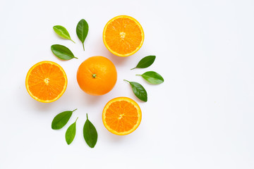 Fototapeta na wymiar Fresh orange citrus fruit with leaves isolated on white background.