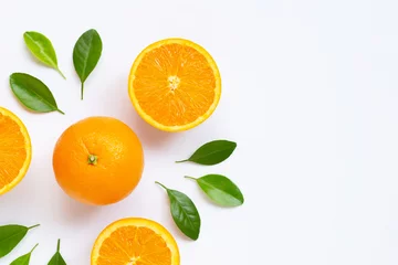 Foto op Canvas Fresh orange citrus fruit with leaves isolated on white background. © Bowonpat