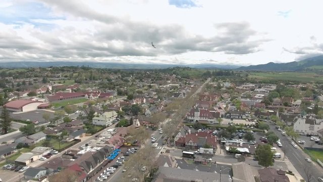 Pedestal aerial shot of the city of Solvang California