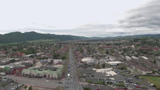 Aerial shot of Solvang California streets during the day