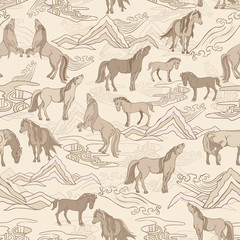 Seamless illustration of relaxing and playful horses in different poses, stylized mountains, hills, winds and rivers. Vector pattern in shades of cream, tan, sage and brown. Designed for scrapbooking,