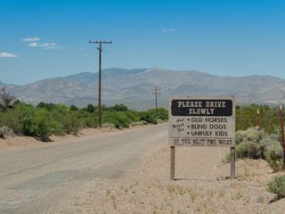 A gravel road and a drive slowly road sign cautioning about old horses, blind dogs, and unruly children 