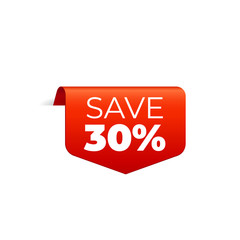Red Vector Banner Ribbon on white background, top bookmark, save 30 percent