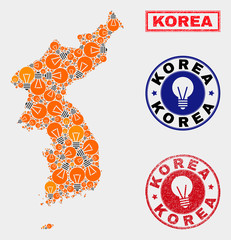 Electric lamp mosaic Korea map and rubber round seals. Mosaic vector Korea map is designed with idea lamp icons. Abstraction for patent business. Orange and red colors used.