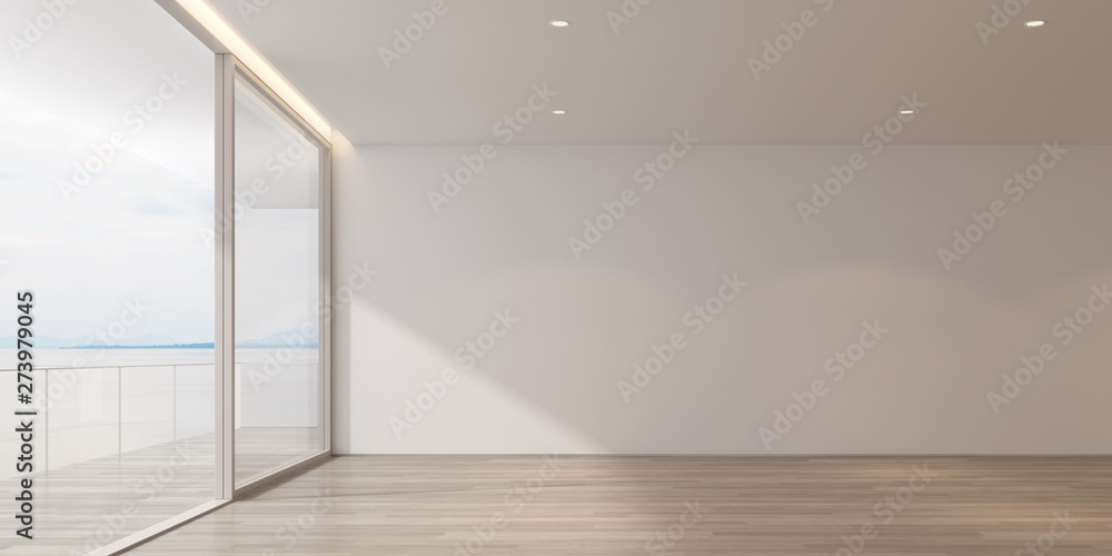Aufkleber 3D rendering of white  luxury empty room and wood floor on sea view background with sun light cast shadow on the wall,Perspective of minimal architecture.