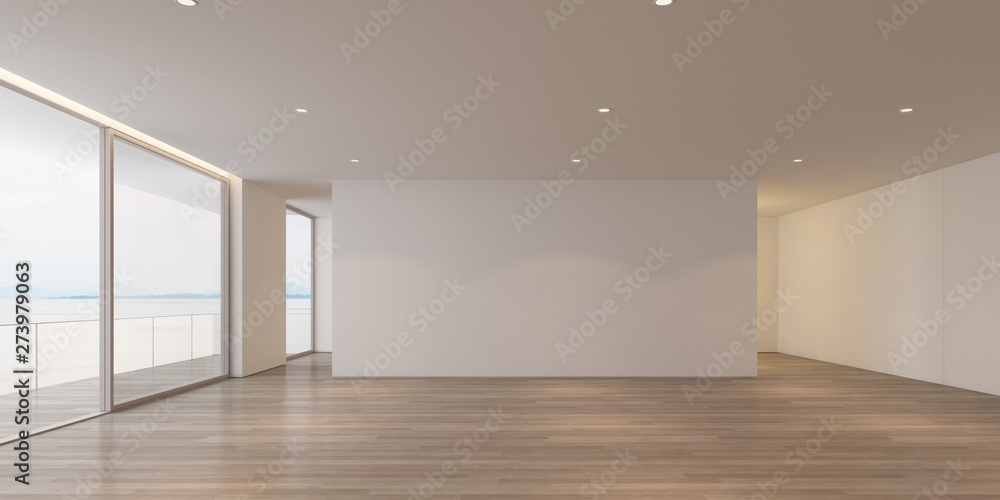 Fototapete 3d rendering of white luxury empty room and wood floor on sea view background with sun light cast sh