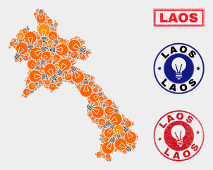 Electric lamp mosaic Laos map and grunge round stamps. Mosaic vector Laos map is designed with light lamp symbols. Abstract images for electric services. Orange and red colors used.