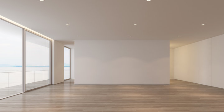 3D rendering of white  luxury empty room and wood floor on sea view background with sun light cast shadow on the wall,Perspective of minimal architecture.
