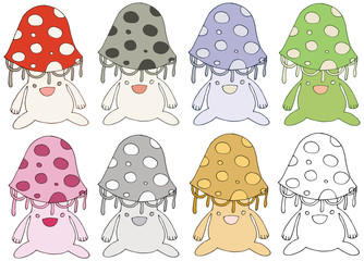 Print cartoon doodle Amanita monster color set hand draw