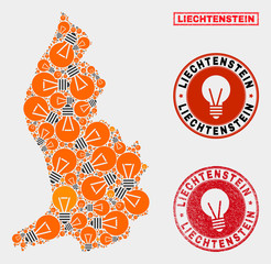 Electric lamp mosaic Liechtenstein map and grunge round stamp seals. Mosaic vector Liechtenstein map is composed with light lamp items. Abstraction for innovation business. Orange and red colors used.